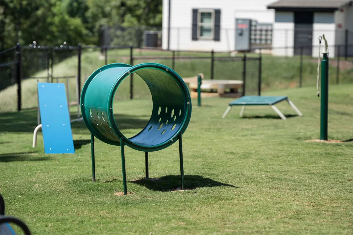 Fenced leash-free bark park with agility equipment at a Pointe Grand community